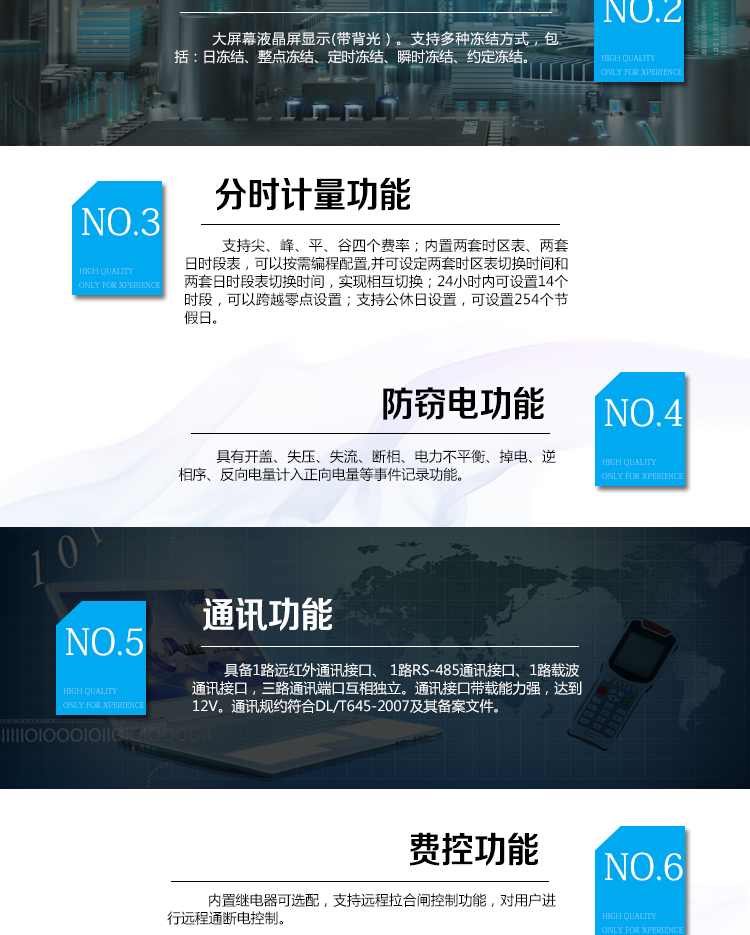 海興DDSI208單相電能表主要功能
　　計(jì)量功能
　　具有支持正反向有功、四象限無功電能、組合無功電能，支持正反向有功最大需量、四象限無功最大需量、組合無功最大需量，支持多費(fèi)率計(jì)量。
　　分時(shí)計(jì)量功能
　　支持尖、峰、平、谷四個(gè)費(fèi)率;內(nèi)置兩套時(shí)區(qū)表、兩套日時(shí)段表，可以按需編程配置,并可設(shè)定兩套時(shí)區(qū)表切換時(shí)間和兩套日時(shí)段表切換時(shí)間，實(shí)現(xiàn)相互切換;24小時(shí)內(nèi)可設(shè)置14個(gè)時(shí)段，可以跨越零點(diǎn)設(shè)置;支持公休日設(shè)置，可設(shè)置254個(gè)節(jié)假日。
　　測(cè)量功能
　　能測(cè)量電壓、電流、功率以及功率因數(shù)等電網(wǎng)參數(shù)，零線電流測(cè)量功能可選配。測(cè)量準(zhǔn)確度高，可以達(dá)到1級(jí)以內(nèi)標(biāo)準(zhǔn)。
　　數(shù)據(jù)存儲(chǔ)功能
　　支持多種凍結(jié)方式，包括：日凍結(jié)、整點(diǎn)凍結(jié)、定時(shí)凍結(jié)、瞬時(shí)凍結(jié)、約定凍結(jié)。
　　事件記錄功能
　　分別記錄最近10次掉電、編程、校時(shí)、開表蓋、跳閘、合閘、事件清零、電表清零。
　　通信功能
　　具備1路遠(yuǎn)紅外通訊接口、 1路RS-485通訊接口、1路載波通訊接口，三路通訊端口互相獨(dú)立。通訊接口帶載能力強(qiáng)，達(dá)到12V。通訊規(guī)約符合DL/T645-2007及其備案文件。
　　費(fèi)控功能
　　內(nèi)置繼電器可選配，支持遠(yuǎn)程拉合閘控制功能，對(duì)用戶進(jìn)行遠(yuǎn)程通斷電控制。
　　用戶交互界面
　　采用大屏幕液晶顯示，提供豐富的圖形或文字提示信息;顯示內(nèi)容可通過按鍵循環(huán)查詢，顯示項(xiàng)目可通過通信口按需配置;提供液晶背光，方便查看。支持停電喚醒功能，能通過按鍵或非接觸方式喚醒電能表，實(shí)現(xiàn)屏幕顯示抄讀電量和紅外通信口抄讀電量等數(shù)據(jù)。