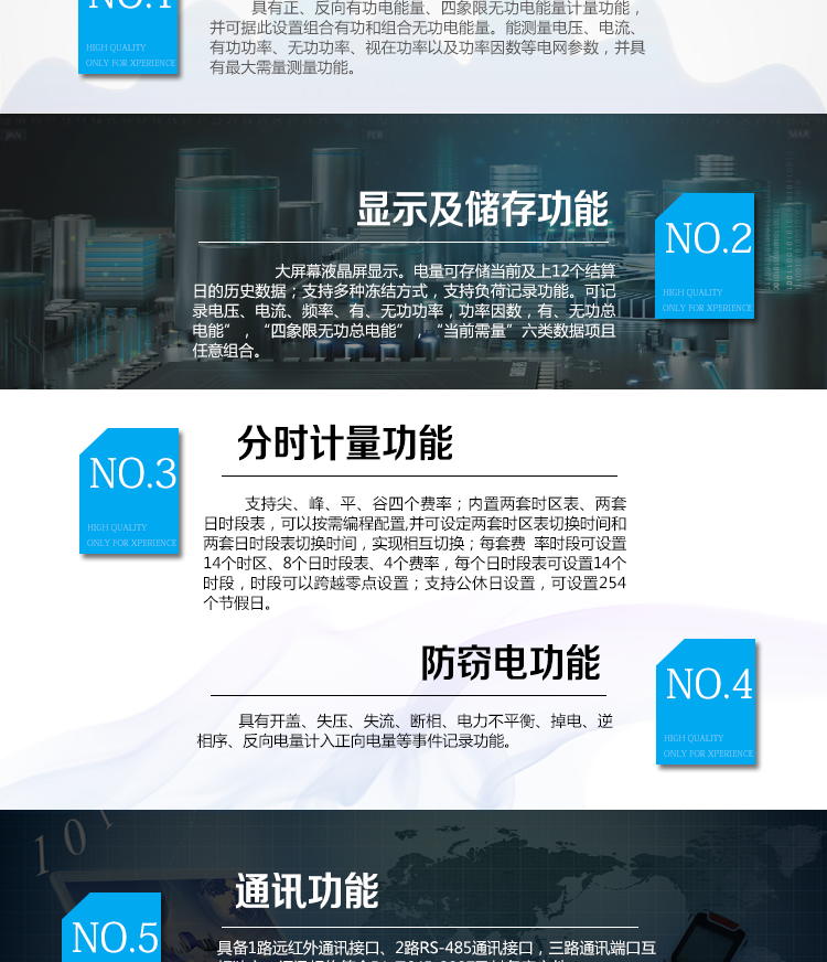 海興DTSD208三相四線電能表主要功能
　　計(jì)量功能
　　具有正、反向有功電能量、四象限無功電能量計(jì)量功能，并可據(jù)此設(shè)置組合有功和組合無功電能量
　　分時(shí)計(jì)量功能
　　支持尖、峰、平、谷四個(gè)費(fèi)率;內(nèi)置兩套時(shí)區(qū)表、兩套日時(shí)段表，可以按需編程配置,并可設(shè)定兩套時(shí)區(qū)表切換時(shí)間和兩套日時(shí)段表切換時(shí)間，實(shí)現(xiàn)相互切換;每套費(fèi)率時(shí)段可設(shè)置14個(gè)時(shí)區(qū)、8個(gè)日時(shí)段表、4個(gè)費(fèi)率(尖、峰、平、谷)，每個(gè)日時(shí)段表可設(shè)置14個(gè)時(shí)段，時(shí)段可以跨越零點(diǎn)設(shè)置;支持公休日設(shè)置，可設(shè)置254個(gè)節(jié)假日。
　　測量功能
　　能測量電壓、電流、有功功率、無功功率、視在功率以及功率因數(shù)等電網(wǎng)參數(shù)，并具有最大需量測量功能。測量準(zhǔn)確度高，可提供0.5S級(jí)、1.0級(jí)等不同計(jì)量精度供選擇。
　　數(shù)據(jù)存儲(chǔ)功能
　　電量可存儲(chǔ)當(dāng)前及上12個(gè)結(jié)算日的歷史數(shù)據(jù);支持多種凍結(jié)方式，包括：日凍結(jié)、整點(diǎn)凍結(jié)、定時(shí)凍結(jié)、瞬時(shí)凍結(jié)、約定凍結(jié)。支持負(fù)荷記錄功能。可記錄“電壓、電流、頻率”，“有、無功功率”，“功率因數(shù)”，“有、無功總電能”，“四象限無功總電能”，“當(dāng)前需量”六類數(shù)據(jù)項(xiàng)且任意組合。負(fù)荷記錄間隔時(shí)間可以在1min～ 60min范圍內(nèi)設(shè)置。
　　事件記錄功能
　　分別記錄最近10次失壓、全失壓、斷相、失流、電壓逆相序、潮流反向、需量清零、編程、校時(shí)、開表蓋、停電、電量清零。
　　通信功能
　　具備1路遠(yuǎn)紅外通訊接口、2路RS-485通訊接口，三路通訊端口互相獨(dú)立。通訊規(guī)約符合DL/T645-2007及其備案文件。
　　電源管理
　　輔助電源供電電壓為(100～240)V交、直流自適應(yīng)。輔助電源可設(shè)置為PT供電方式優(yōu)先或輔助電源供電方式優(yōu)先。
　　用戶交互界面
　　采用大屏幕液晶顯示，提供豐富的圖形或文字提示信息;顯示內(nèi)容可通過按鍵循環(huán)查詢，顯示項(xiàng)目可通過通信口按需配置;提供液晶背光，方便查看。支持停電喚醒功能，能通過按鍵或非接觸方式喚醒電能表，實(shí)現(xiàn)屏幕顯示抄讀電量和紅外通信口抄讀電量等數(shù)據(jù)。