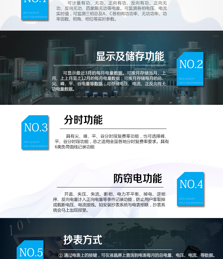 杭州百富華隆DSZ532三相三線智能電能表主要功能
　　電能計量功能
　　計量參數(shù)：可計量有功、無功、正向有功、反向有功、正向無功、反向無功、四象限無功等電量。
　　監(jiān)測參數(shù)：可監(jiān)測各相電壓、電流實時值，可監(jiān)測三相總及A、C各相有功功率、無功功率、功率因數(shù)、相角、相位等實時參數(shù)。
　　分時功能：具有尖、峰、平、谷分時段復費率功能，也可選擇峰、平、谷分時段功能，總之適用全國各地分時復費率要求。
　　數(shù)據存儲：可按月存儲當月、上月、上上月至上12月的每月電量數(shù)據;可按月存儲每月的總、尖、峰、平、谷電量等數(shù)據;可存儲電壓、電流、正反向有無功電量數(shù)據。
　　具有6類負荷曲線記錄功能。
　　顯示功能：可顯示最近3月的每月電量數(shù)據。
　　防竊電功能
　　開蓋記錄功能，防止非法更改電路。
　　電壓合格率、失壓記錄功能，防止用戶非法取掉或截斷電壓接線，如已發(fā)生，可通過記錄的時間核算所損失的電量，為追補電量提供依據。
　　失流、斷相記錄功能，防止用戶非法短接電流接線，如已發(fā)生，可通過記錄的時間核算所損失的電量，為追補電量提供依據。
　　電流不平衡記錄：可警惕用戶在電表接線的前端截取電量。
　　掉電記錄功能，防止用戶非法取下電表的工作電源，如已發(fā)生，可通過記錄的時間核算所損失的電量，為追補電量提供依據。
　　反向電量計入正向電量，用戶如將電流線接反，電表照樣正向走字，不具有竊電作用。
　　逆相序報警，用戶非法接線，電表會報警，除非把線接正確，否則一直報警。
　　以上情況如發(fā)出，電表會出現(xiàn)報警標志，如安裝抄表系統(tǒng)與電表相聯(lián)，抄表系統(tǒng)會馬上出現(xiàn)報警。