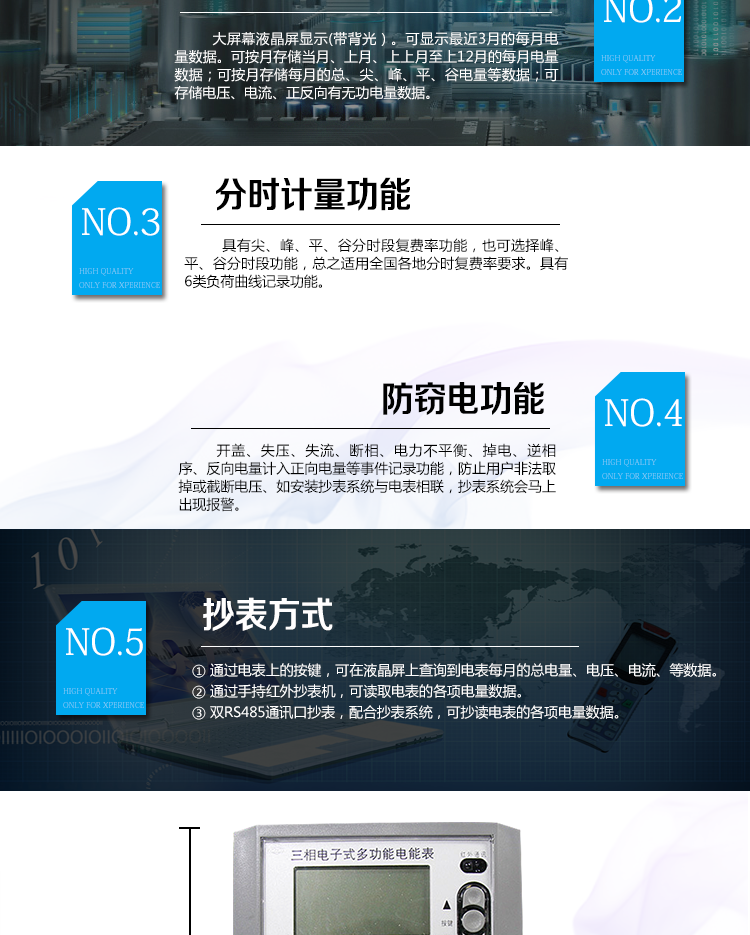主要功能：
1、大屏幕、寬視角液晶顯示，具備豐富的狀態(tài)指示和漢字提示符，帶背光；
2、雙路RS-485、吸附式、遠(yuǎn)紅外通訊接口，通道相互獨(dú)立。支持載波通信功能（可選）；
3、四路空接點(diǎn)電能脈沖及LED電能脈沖輸出；
4、分時(shí)計(jì)量正反向有功電量、四象限無功電量、組合1、組合2無功電量，組合方式：四象限無功任意組合；計(jì)量分相正反向有功、感容性無功電量；
5、分時(shí)計(jì)量正反向有功、無功需量及發(fā)生時(shí)間；
6、8費(fèi)率，主副兩套時(shí)段，時(shí)鐘雙備份，自動(dòng)糾錯(cuò)，可記錄13個(gè)月歷史記錄；
7、可設(shè)置6類數(shù)據(jù)記錄負(fù)荷曲線，容量達(dá)到2M字節(jié)；
8、記錄失壓、全失壓、失流、全失流、電壓合格率、清零、清需量、編程、校時(shí)、上電、過壓、逆相序、開蓋等多種事件；
9、雙備份數(shù)據(jù)存儲(chǔ)，具有自檢和糾錯(cuò)功能，具有內(nèi)卡錯(cuò)、時(shí)鐘錯(cuò)、電壓逆相序、失壓、過壓、失流、電池欠壓故障報(bào)警功能；
10、停電后可通過按鈕、手抄器喚醒顯示，可遠(yuǎn)紅外抄表；
11、具有防竊電開蓋檢測(cè)功能；
12、可選功能：IC卡預(yù)付費(fèi)，邏輯加密卡/CPU智能卡可選。