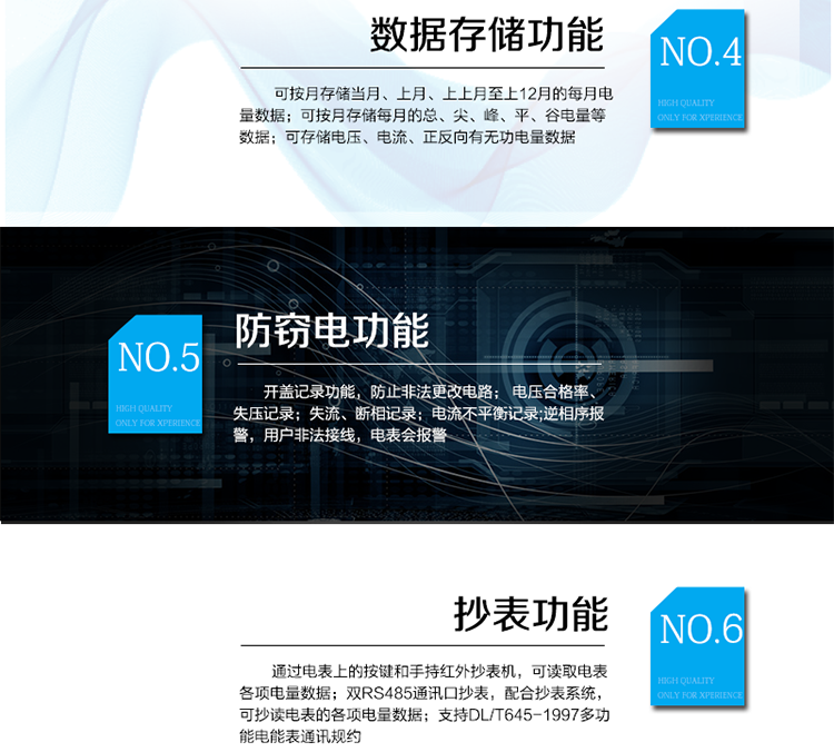 防竊電功能
　　① 開(kāi)蓋記錄功能，防止非法更改電路。
　　② 電壓合格率、失壓記錄功能，防止用戶非法取掉或截?cái)嚯妷航泳€，如已發(fā)生，可通過(guò)記錄的時(shí)間核算所損失的電量，為追補(bǔ)電量提供依據(jù)。
　　③ 失流、斷相記錄功能，防止用戶非法短接電流接線，如已發(fā)生，可通過(guò)記錄的時(shí)間核算所損失的電量，為追補(bǔ)電量提供依據(jù)。
　　④ 電流不平衡記錄：可警惕用戶在電表接線的前端截取電量。
　　⑤ 掉電記錄功能，防止用戶非法取下電表的工作電源，如已發(fā)生，可通過(guò)記錄的時(shí)間核算所損失的電量，為追補(bǔ)電量提供依據(jù)。
　　⑥ 反向電量計(jì)入正向電量，用戶如將電流線接反，電表照樣正向走字，不具有竊電作用。
　　⑦ 逆相序報(bào)警，用戶非法接線，電表會(huì)報(bào)警，除非把線接正確，否則一直報(bào)警。
　　以上情況如發(fā)出，電表會(huì)出現(xiàn)報(bào)警標(biāo)志，如安裝抄表系統(tǒng)與電表相聯(lián)，抄表系統(tǒng)會(huì)馬上出現(xiàn)報(bào)警。