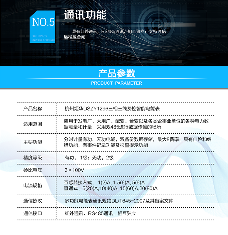 DSZY1296 三相三線1級費控智能電能表
產品標準:
?GB/T 17215.211-2006《交流電測量設備 通用要求、試驗和試驗條件 第11部分：測量設備》
?GB/T 17215.321-2008《交流電測量設備 特殊要求21部分：靜止式有功電能表（1級和2級）》
?GB/T 17215.323-2008《交流電測量設備 特殊要求23部分：靜止式無功電能表（2級和3級）》
?GB/T 17215.301-2007《多功能電能表特殊要求》
?Q/GDW 1354-2013《智能電能表功能規范》
?Q/GDW 1356-2013《三相智能電能表型式規范》
?Q／GDW 1827-2013《三相智能電能表技術規范》
?Q／GDW 1365-2013《智能電能表信息交換安全認證技術規范》
?DL/T 645-2007《多功能電能表通信協議》
