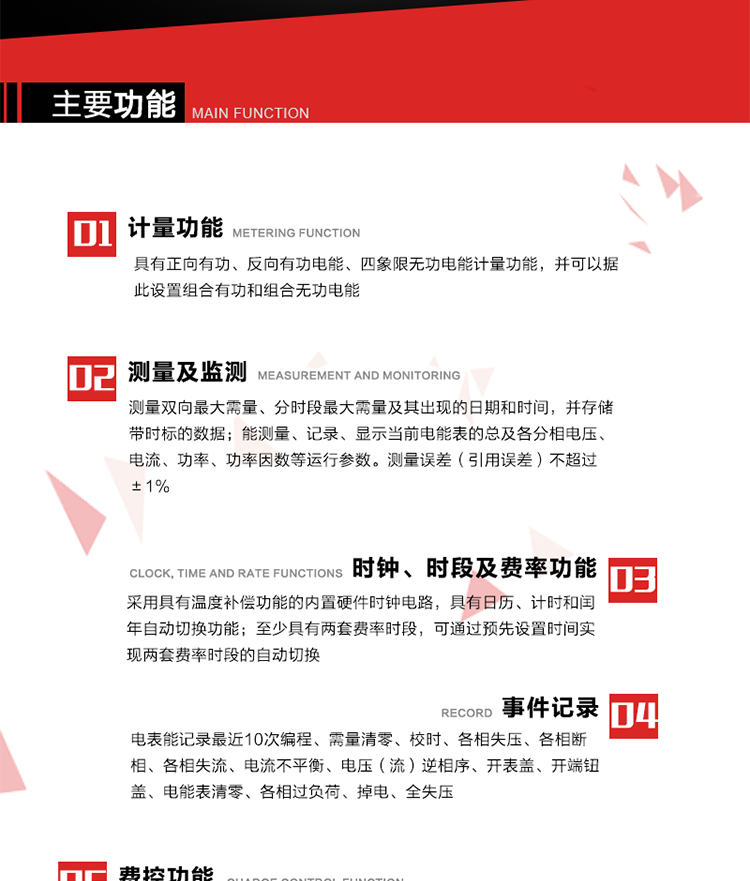 主要功能
1. 電能計量
具有正向有功、反向有功電能、四象限無功電能計量功能，并可以據(jù)此設(shè)置組合有功和組合無功電能。
2. 需量計量
測量雙向最大需量、分時段最大需量及其出現(xiàn)的日期和時間，并存儲帶時標(biāo)的數(shù)據(jù)。
3. 測量及監(jiān)測
能測量、記錄、顯示當(dāng)前電能表的總及各分相電壓、電流、功率、功率因數(shù)等運行參數(shù)。測量誤差（引用誤差）不超過±1%。
4. 時鐘、時段及費率功能
采用具有溫度補償功能的內(nèi)置硬件時鐘電路，具有日歷、計時和閏年自動切換功能。內(nèi)部時鐘端子輸出頻率為1Hz。至少具有兩套費率時段，可通過預(yù)先設(shè)置時間實現(xiàn)兩套費率時段的自動切換。每套費率時段全年至少可設(shè)置2個時區(qū)，24小時內(nèi)至少可以設(shè)置8個時段，時段最小間隔為15分鐘，并且時段間隔大于表內(nèi)設(shè)定的需量周期值，時段可跨越零點設(shè)置。
5. 費控功能 
電能表費控功能的實現(xiàn)方式通過CPU卡等固態(tài)介質(zhì)實現(xiàn)。具有兩套階梯電價計費方式，并可在設(shè)置時間點啟用另一套階梯電價計費。
6. 無線通信
通過無線通信與主站通信。支持在安全認(rèn)證前提下，通過無線網(wǎng)絡(luò)信道修改費率時段表及電價。
7. 事件記錄
電表能記錄最近10次編程、需量清零、校時、各相失壓、各相斷相、各相失流、電流不平衡、電壓（流）逆相序、開表蓋、開端鈕蓋、電能表清零、各相過負(fù)荷、掉電、全失壓。
8. 凍結(jié)
具有定時凍結(jié)、瞬時凍結(jié)、約定凍結(jié)和日凍結(jié)功能。
9.　負(fù)荷記錄
記錄正反向有功總電能、無功總電能、四象限無功總電能、組合有功、組合無功1、組合無功2，負(fù)荷記錄間隔時間可以在1～60min范圍內(nèi)設(shè)置，時間間隔為1min的情況下可記錄不少于40天的數(shù)據(jù)容量。
10. 停電抄表
在停電狀態(tài)下，能通過按鍵或非接觸方式喚醒電能表，抄讀電能量等數(shù)據(jù)。
11. 擴(kuò)展功能
計量視在電能、諧波電壓、電流、電量的監(jiān)測、電能質(zhì)量監(jiān)測和計算鐵損、銅損。 