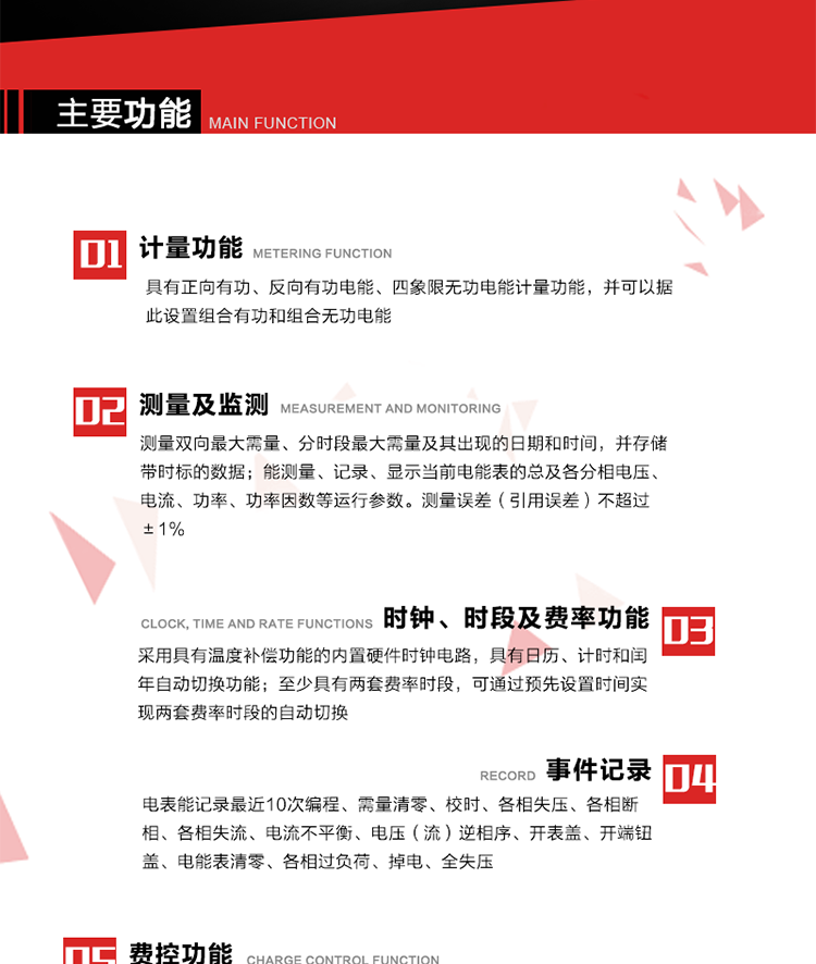 主要功能
1. 　電能計量
具有正向有功、反向有功電能、四象限無功電能計量功能，并可以據此設置組合有功和組合無功電能。
2. 　需量計量
測量雙向最大需量、分時段最大需量及其出現的日期和時間，并存儲帶時標的數據。
3. 　測量及監測
能測量、記錄、顯示當前電能表的總及各分相電壓、電流、功率、功率因數等運行參數。測量誤差（引用誤差）不超過±1%。
4. 　時鐘、時段及費率功能
采用具有溫度補償功能的內置硬件時鐘電路，具有日歷、計時和閏年自動切換功能。內部時鐘端子輸出頻率為1Hz。至少具有兩套費率時段，可通過預先設置時間實現兩套費率時段的自動切換。每套費率時段全年至少可設置2個時區，24小時內至少可以設置8個時段，時段最小間隔為15分鐘，并且時段間隔大于表內設定的需量周期值，時段可跨越零點設置。
5. 　費控功能 
電能表費控功能的實現方式通過CPU卡等固態介質實現。具有兩套階梯電價計費方式，并可在設置時間點啟用另一套階梯電價計費。
6. 　無線通信
通過無線通信與主站通信。支持在安全認證前提下，通過無線網絡信道修改費率時段表及電價。
7. 　事件記錄
電表能記錄最近10次編程、需量清零、校時、各相失壓、各相斷相、各相失流、電流不平衡、電壓（流）逆相序、開表蓋、開端鈕蓋、電能表清零、各相過負荷、掉電、全失壓。
8. 　凍結
具有定時凍結、瞬時凍結、約定凍結和日凍結功能。
9.　 負荷記錄
記錄正反向有功總電能、無功總電能、四象限無功總電能、組合有功、組合無功1、組合無功2，負荷記錄間隔時間可以在1～60min范圍內設置，時間間隔為1min的情況下可記錄不少于40天的數據容量。
10. 　停電抄表
在停電狀態下，能通過按鍵或非接觸方式喚醒電能表，抄讀電能量等數據。
11. 擴展功能
計量視在電能、諧波電壓、電流、電量的監測、電能質量監測和計算鐵損、銅損。 